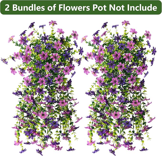 Artificial Hanging Flowers Plants for Outdoor Spring Decoration, 2 PCS Fake Silk Daisy Flower Planter UV Resistant Look Real for Outside Patio Porch Home Summer Decor (Double Purple)