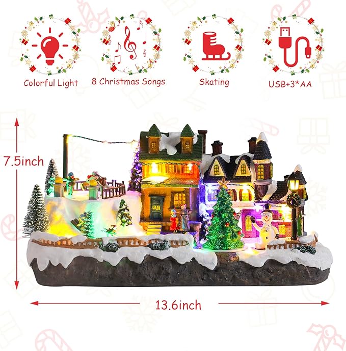 taman Christmas Village Houses - Musical Skiing Collectible Buildings with Rotating Xmas Tree Ornaments for Holiday Decorations