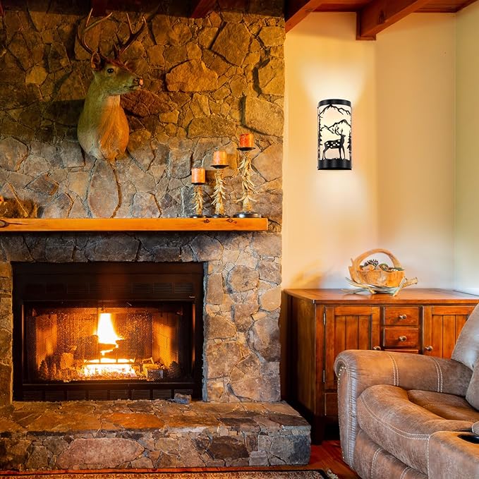 Black Wall Sconces Set of Two,Deer Metal Cream Parchment Rustic Wall Sconces,Farmhouse Indoor Wall Light Fixtures,Industrial Matte Sconce Light,Wall Lamps for Bedroom,Living Room,Hallway