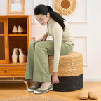 Wimarsbon 18'' Ottoman Pouf, Natural Braided Poof, Rustic Handweave Lounge Pouffe, Boho Footrest Stool for Bedroom, Accent Table for Living Room (Storage - 18inch Cattail+Black Corn Husk L)