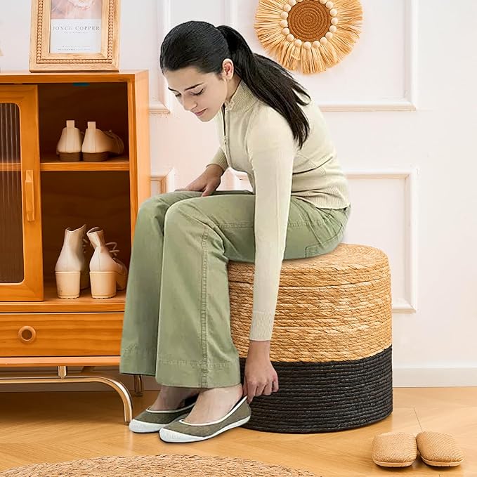 Wimarsbon Storage Pouf Ottoman, Hand Weaving Natural Straw Foot Stool, Bohemian Round Patio Ottomans, Rustic Lounge Pouffe, Outdoor Extra Seat for Garden