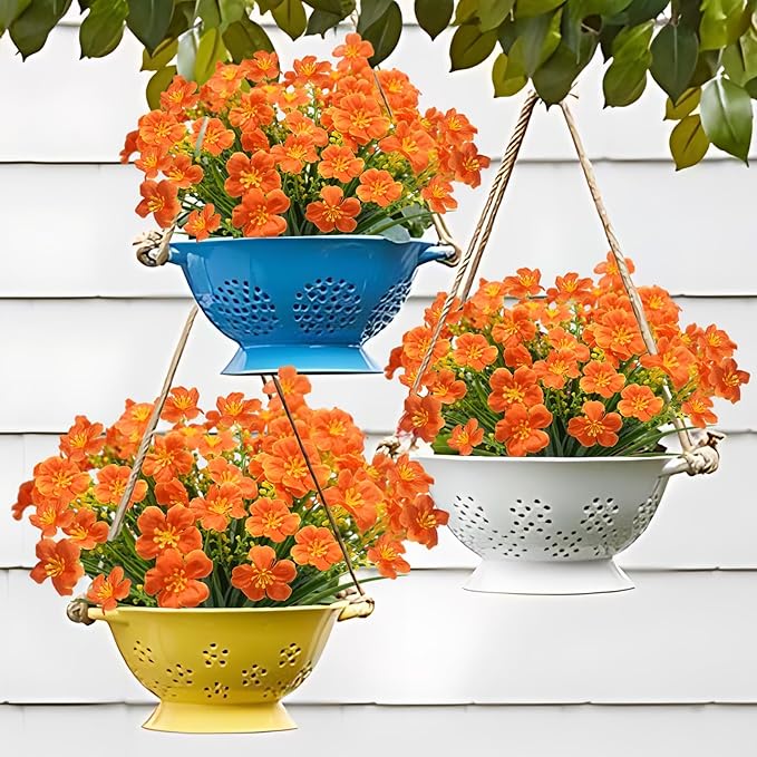 Krissing 8 Pcs Fall Artificial Outdoors Flowers,UV Resistant Fake Fall Plastic Flowers Fuax Fall Shrubs for Outdoors Autumn Home Garden Porch Window Box Thanksgiving Fall Outdoor Decor (Orange)