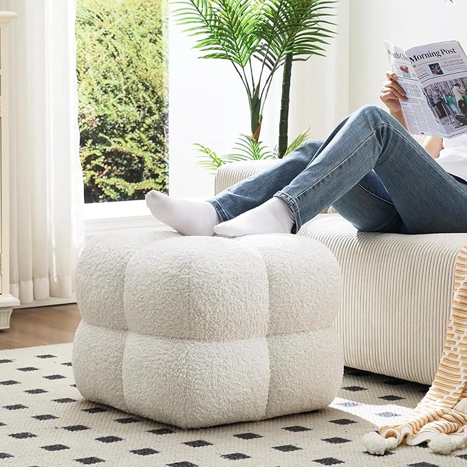 Zesthouse Square Pouf Ottoman, Modern Ottoman Coffee Table for Living Room, Fuzzy Sherpa Couch Foot Rest, Upholstered Tufted Cube Stool for Couch, White