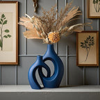 Levvohd Snuggle Hollow Ceramic Vase Set of 2, 11 inch Modern Nordic Coastal Shaped Pampas Grass Aesthetic Decorative Table Vases for Living Room Shelf Home Decor (Matte Navy Blue -L)