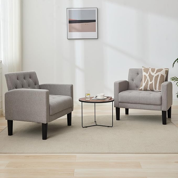 TYBOATLE Accent Chairs Set of 2 Comfy Living Room Chair Tufted Mid Century Modern Accent Chair, Cozy Upholstered Reading Arm Chair for Office, Bedroom (Light Grey, Set of 2)