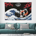 Houselerax Japanese Koi Fish Tapestry, Yin Yang Big Wave Red Cherry Blossom Tapestries Wall Hanging for Bedroom Living Room Office Decor 60"x40"