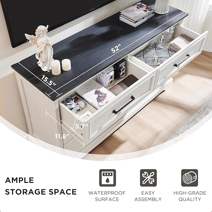 ACCOHOHO Farmhouse 6 Drawer Dresser for Bedroom, 52 Inch Wide Modern Dresser TV Stand with Large Drawers & Bar Handles, Rustic Wood Chest of Drawers for Bedroom, Living Room, Hallway, Off White