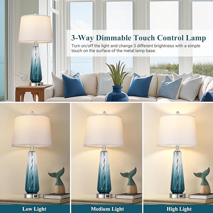 Glass Table Lamps for Living Room, Modern Bedside Lamps with USB A+C Ports, 3-Way Dimmable Touch Control Nightstand Lamp with White Linen Shade, 27.5" Large Lamps for Bedrooms Decor, Teal, 1 Pack