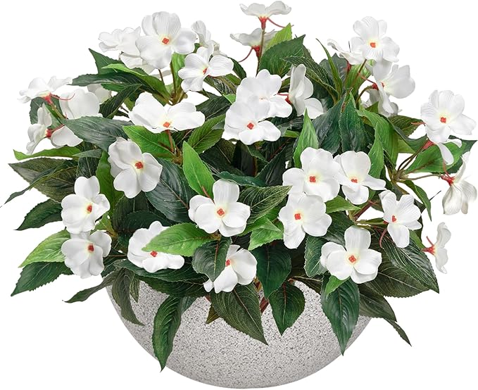 Artificial Impatiens Bouquet Flowers for Outdoors Silk Faux Flowers for Outdoor Impatiens Plants Decor Indoor Planters Kitchen Planters and Balcony Decorations 2PCS (White)