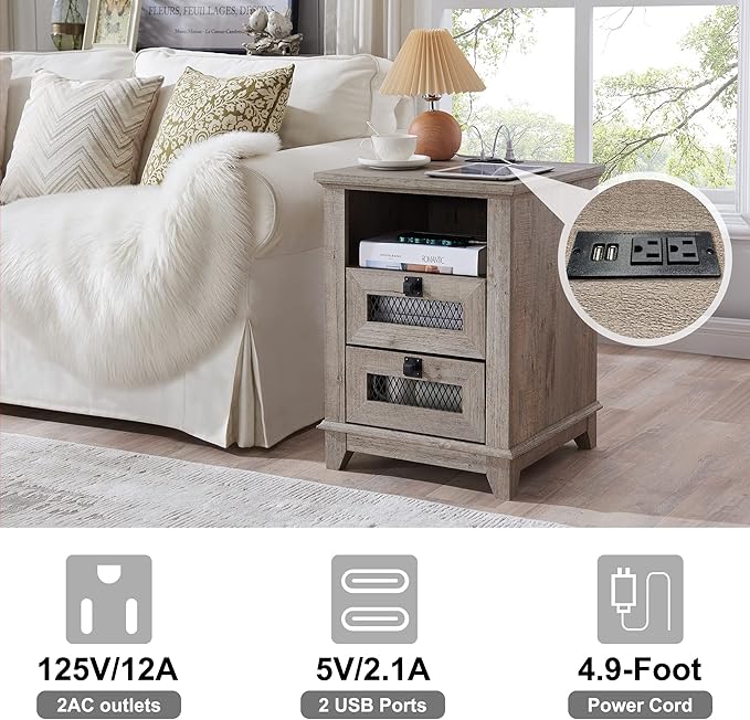 Nightstand with Charging Station,OKD 18'' Industrial & Farmhouse End Table with 2 Drawers & Open Cubby, Rustic Mesh Drawer Sofa Side Table w/Storage for Bedroom, Living Room, Office, Light Rustic Oak