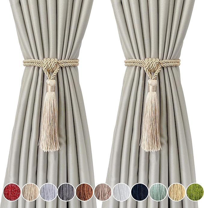 Fenghuangwu Curtain Tiebacks Tassel Tie-Backs, Rope Curtain tie Backs Handmade Curtain Holdbacks Made from Polyester (Beige, 2p)
