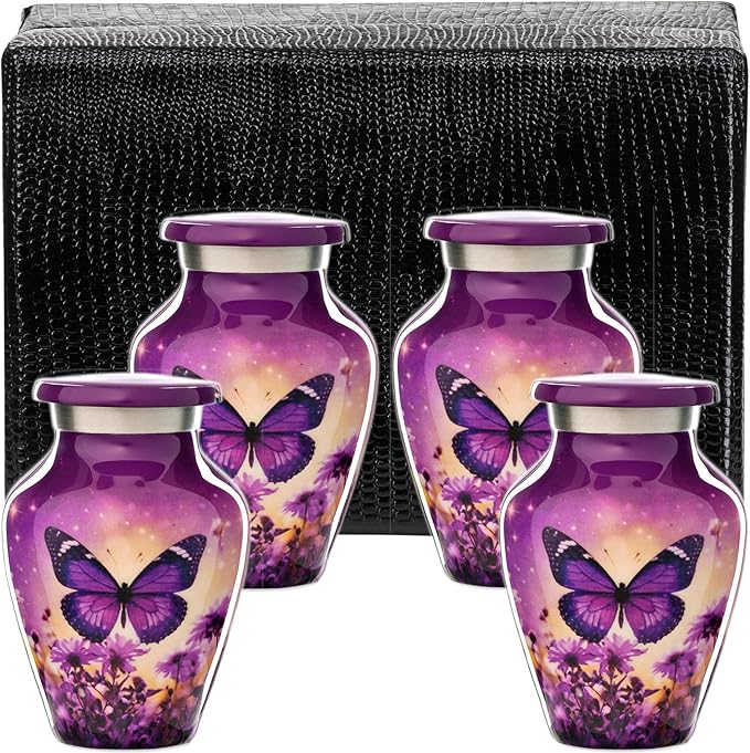Olivia Memorials Small Urns for Human Ashes Adult Female - Set of 4 Purple Butterfly Urns Keepsakes - Mini Cremation Urn for Mom Dad Baby Pet Dog