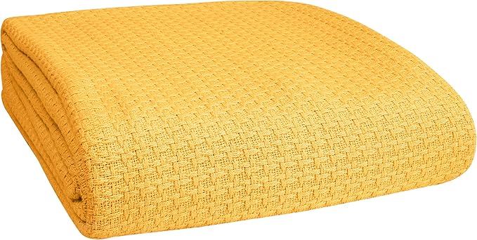 BELIZZI HOME 100% Cotton Bed Blanket, Breathable Bed Blanket King Size, Cotton Thermal Blankets King, Perfect for Layering Any Bed for All Season, Mustard Yellow