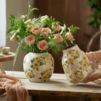 Levvohd Round Pastoral Ceramic Vase, 6.3 Inch Vintage Sunflower Yellow Floral Retro Ice Cracked Rustic Antique Flower Vases for Living Room Home Decor (Large Round)