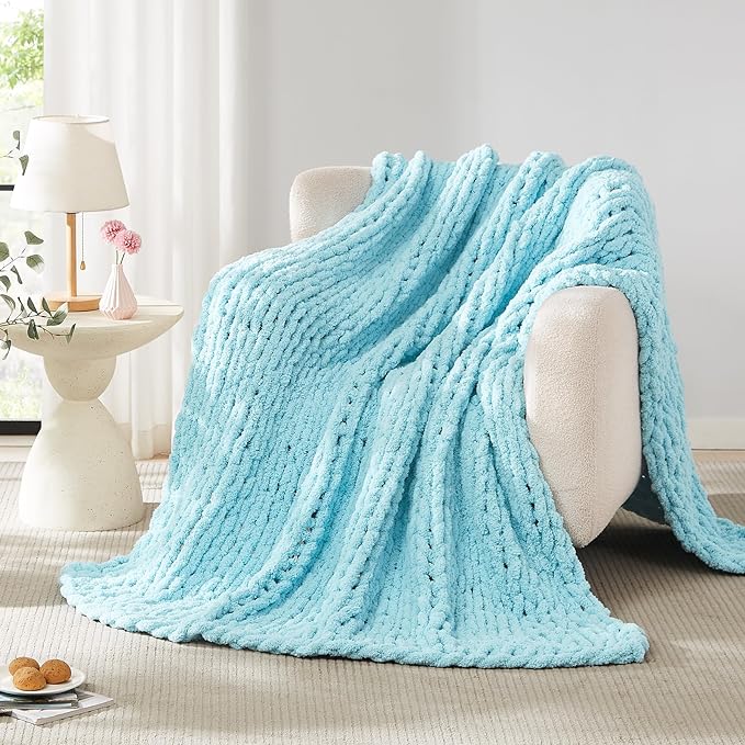 L'AGRATY Chenille Chunky Knit Blanket, Light Blue, 60x80, Heavyweight Throw Blanket for Home Decor