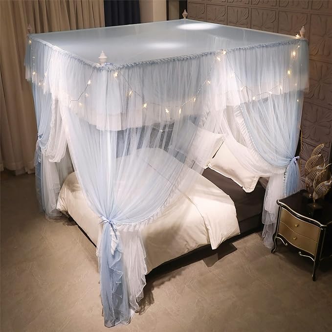 VETHIN 4 Corners Post Ruffle Princess Bed Canopy Curtain-Double Layer Cozy Drape Netting 4 Opening Mosquito Net for Girls Adults Bedroom Decoration (Gray/White,59" W*82" L*82"*H/Queen)