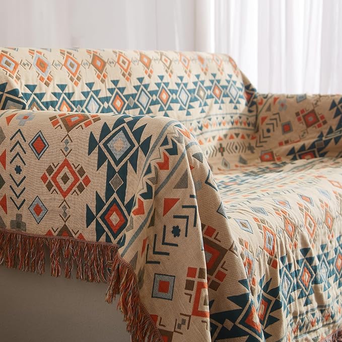 Boho Throw Blanket for Couch Sofa Bed, 100% Cotton Woven Quilt with Tassel 80”x90”, Super Soft Muslin Blanket with Patchwork Printed, Decorative Reversible Bed Blanket/Cover for All Seasons