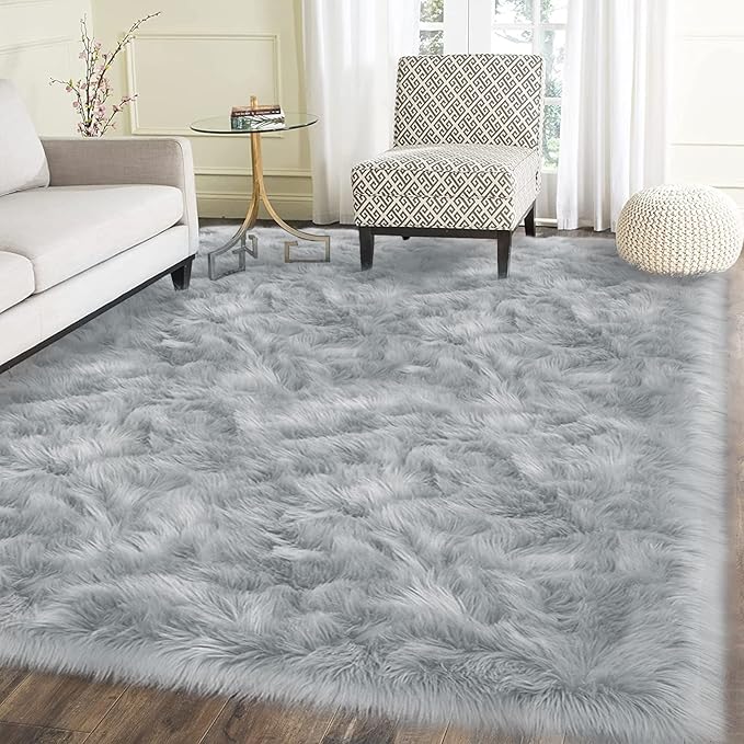 Latepis Grey Rugs for Living Room Shag 6x8 Faux Fur Sheepskin Rug for Sofa Bedroom Fluffy Washable Furry Plush Rugs, Rectangle
