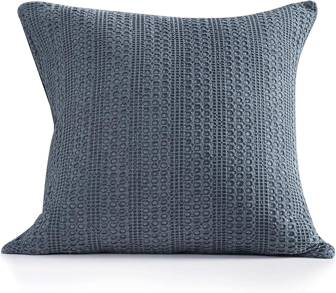 1pc 18x18 Throw Pillow Cover Boho Decorative Pillow Shams Stone Washed Cotton Pillowcase Waffle Square for Couch Sofa Chair Bed Car, Blue Grey