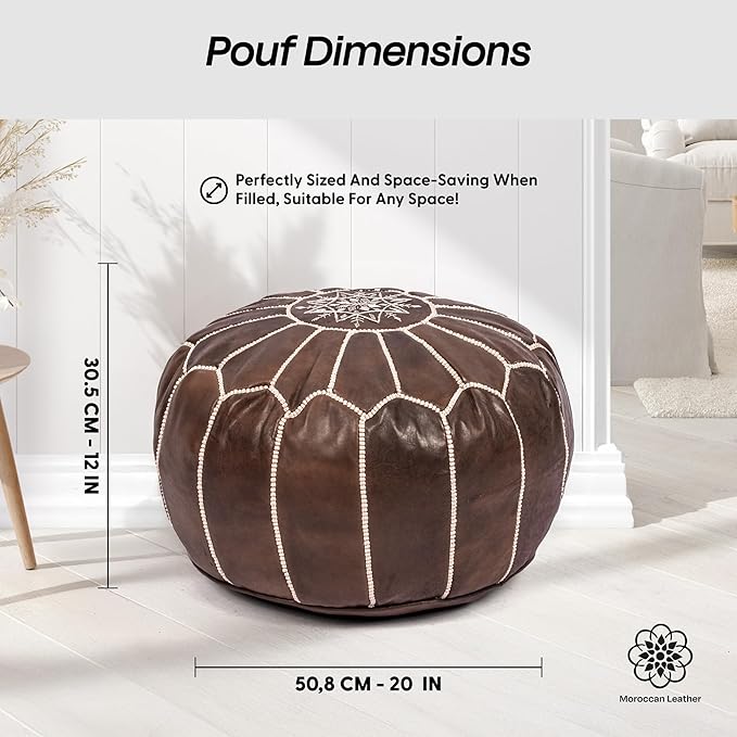 Handmade Moroccan Genuine Leather Pouf Ottoman Cover – Unstuffed Foot Stool Ottoman, Boho Foot Rest Under Desk, Round Ottoman for Living Room, Bedroom - Housewarming Gifts New Home, Weddings Gifts