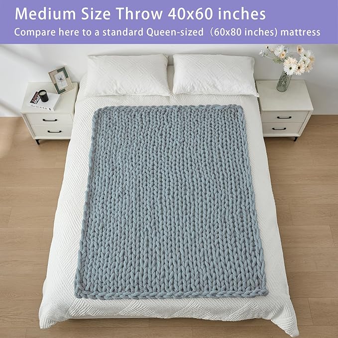 Bigacogo Chunky Knit Throw Blanket for Couch, 40x60 inches, 100% Hand Knitted with Thick Jumbo Chenille Yarn, Cozy Soft Large Rope Knot Cable Crochet Blankets for Sofa Bed Living Room, Dusty Blue
