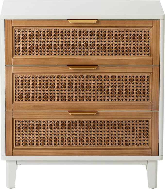 COZAYH Farmhouse 3-Drawer Nightstand, Set of 2 Rattan Cane Front Accent Dresser with Brass Pull, Distressed White