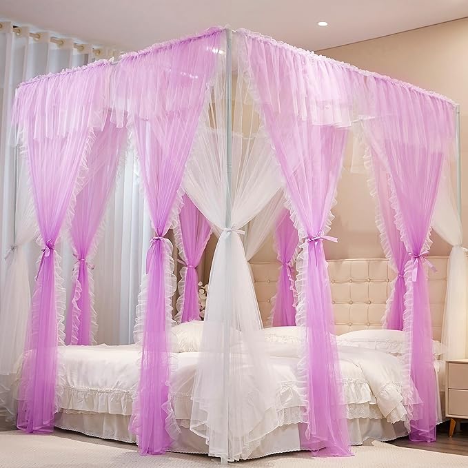4 Corners Post Princess Curtains Bed Canopy for Girls 8 Panels Curtain- Double Layer Sheer Mesh Canopies Drapes Girls Room Decor (8P-Purple/White, 4P(43"x82") W+4P(43"x82") L/(King))