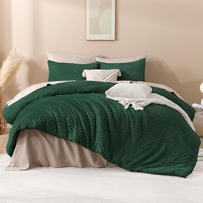 Andency Dark Emerald Green California King Comforter Set, 3 Pieces Boho Tufted Cal King Bedding Set & Collections, Forest Green Oversized Soft Lightweight Bed Set (104x96In, 2 Pillowcases)