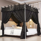 Ruffle Lace up 4 Corners Post Princess Curtain Bed Canopy Cozy Breathable Mosquito Net Cloth for Girls Adults Bedroom Decoration (Black, 59" W*82" L*82" H/Queen)