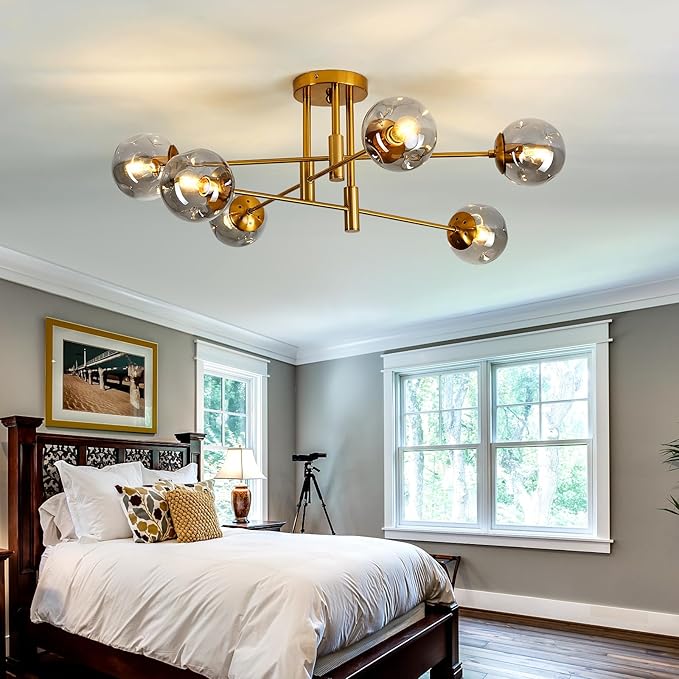 SZXYKEJI 6-Lights Glass Globe Chandelier Modern Flush Mount Ceiling Light Fixture Gold Farmhouse Lighting for Dining Room Living Room Bedroom Kitchen Passageway.