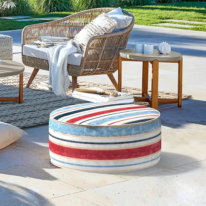 LVTXIII Inflatable Stool Ottoman Footrest with Handle, Decorative Fade-Resistant Foot Stool, Indoor or Outdoor Pouf for Home Garden and Camping Use, D21 x W 21 x H9, Stripe Red Blue