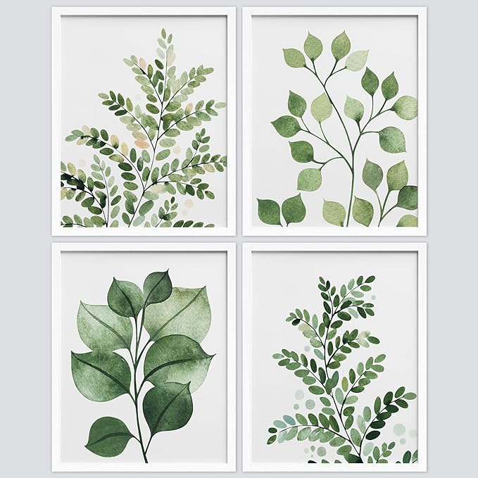 SIGNWIN Framed Green Pastel Forest Fern Leaf Wall Art, Set of 4 Collage Nature Garden Wall Decor Prints, Nature Wilderness Wall D¨¦cor for Living Room, Bedroom - 12"x16" White
