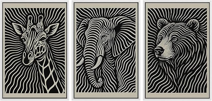 SIGNWIN Framed Canvas Print Wall Art Wildlife Portrait Giraffe, Elephant, and Bear Photography Modern Art Minimalist Black and White for Living Room, Bedroom, Office - 24"x36"x3 White