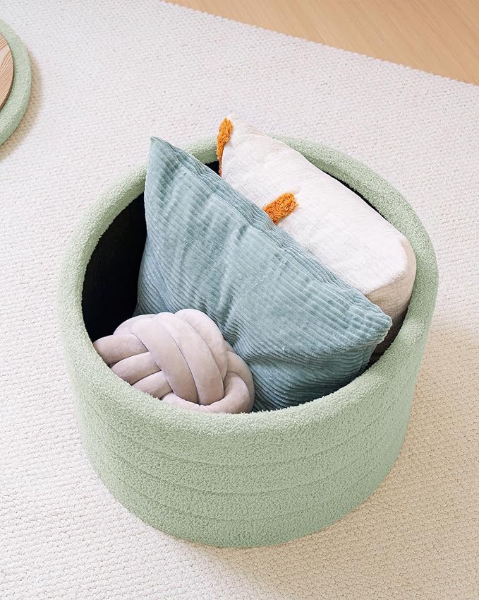 B FSOBEIIALEO Ottoman with Stroage, Round Sherpa Storage Ottoman Stool, Boucle Foot Rest22 x 22"x15.75"（Green
