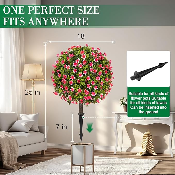 25" Artificial Boxwood Topiary Ball Trees with Rose Pink Flowers, Set of 2 UV Resistant No Fade Outdoor Faux Plants with Ground Spike, Fake Shrubs for Garden, Patio, Porch, Yard, Indoor Decor