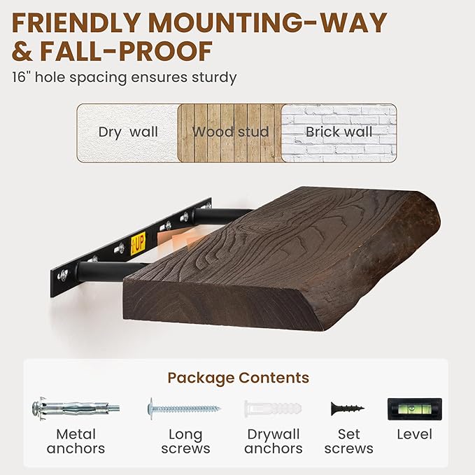 Solid Elm Wood Floating Shelves, 36 Inch Wood Floating Shelves for Wall, Live Edge Wooden Shelves Wall Mounted for Books, Bathroom, Kitchen, Walnut Color, Set of 2