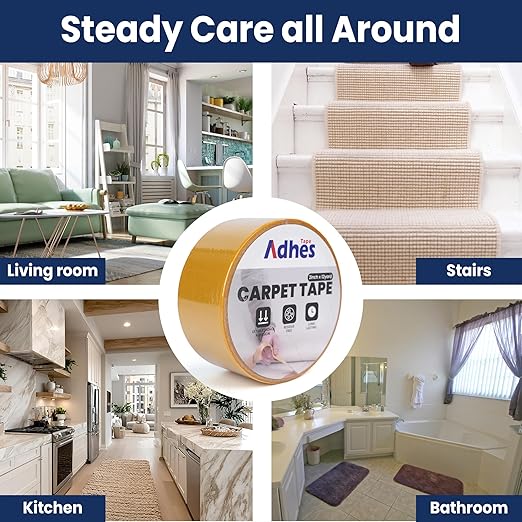 Adhes Double-Sided Carpet Tape, 2 Inch x 12 Yard Rug Tape with 8 Anti-Skid Pads, Heavy Duty Carpet Grip Tape for Hardwood Floors, Area Rugs, and Tile