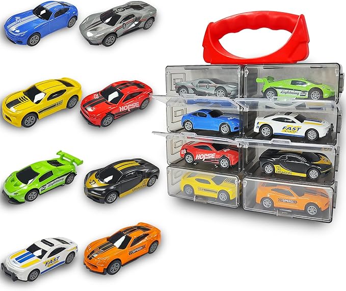 KIDAMI 8 Pack Die Cast Metal Toy Cars, 1:64 Scale Model Race Cars with Storage Case, Pull Back Vehicles Set for Kids Toddlers Adults Gift
