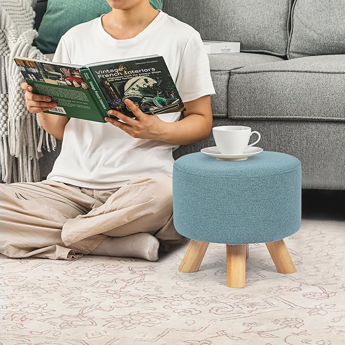 Asense Small Round Ottoman Foot Rest Stool Fabric Padded Seat Footstool Ottoman with Anti-Slip Wooden Legs (Light Blue,Fabric)