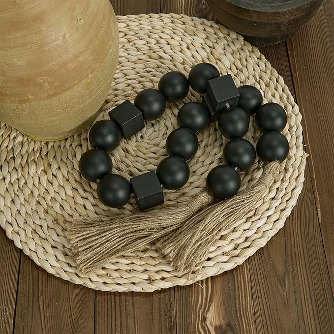 OMISHE Black Extra Large Wood Bead Garland with 1.6" Diameter Wooden Beads and Tassels, 41.5" Long Rustic Farmhouse Country Boho Decorative Beads for Home Decor Tiered Tray Decor