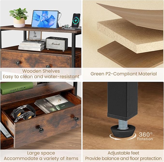 27 Inch Wide Night Stand with Charging Station, Wood Nightstand with Open Shelf, Large Drawer Bedside Table for Living Room/Bedroom/Office (Retro Brown)