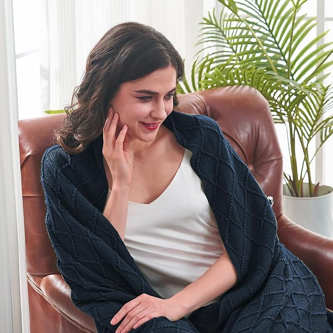 inhand Knitted Throw Blankets for Couch and Bed, Soft Cozy Knit Blanket with Tassel, Dark Blue Lightweight Decorative Blankets and Throws, Farmhouse Warm Woven Blanket for Men and Women, 60"x80"