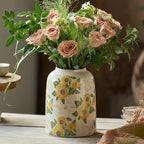 Levvohd Vintage Ceramic Vase, 7.9 Inch Chinoiserie Sunflower Yellow Floral Vases, Retro Ice Cracked Rustic Antique Flower Vases for Modern Coffee Table Home Decor (Medium Cylinder)