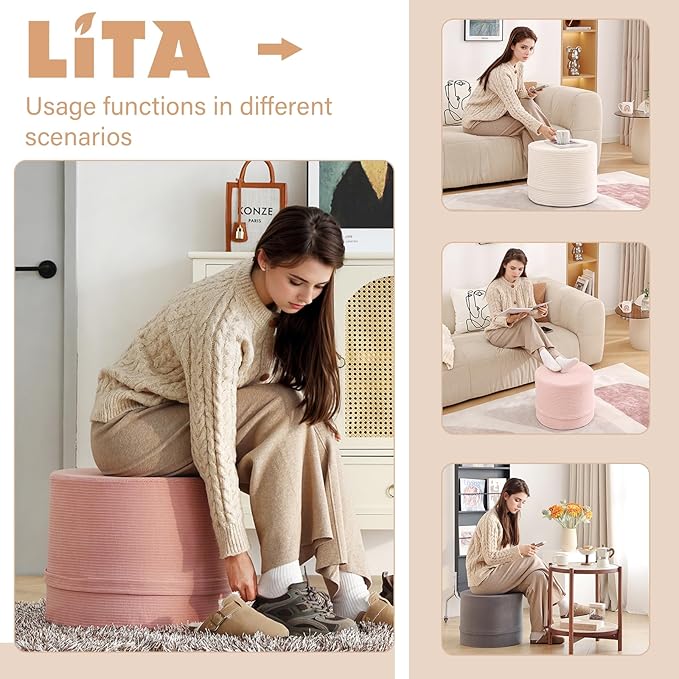 LITA Round Stuffed Pouf Ottoman, Velvet Poufs with High-Density Foam Filling and Washable Cover, Furry and Fluffy Bean Bag Foot Stools Ottoman for Living Room, Bedroom, Office, Beige