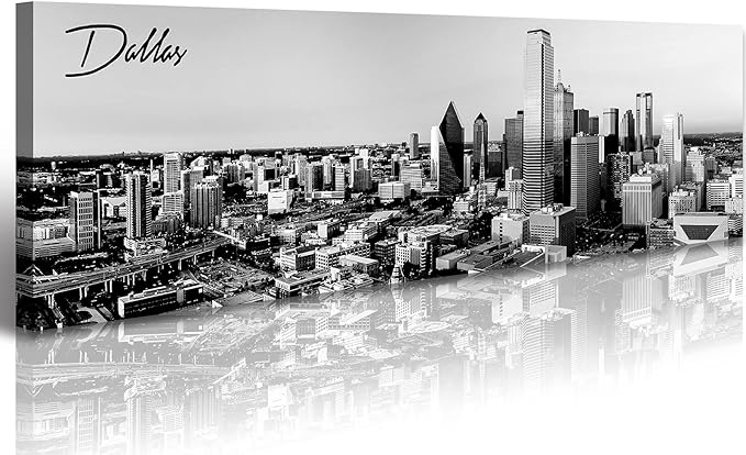 Black and White Wall Art Dallas Skyline Cityscape Skyscrapers Canvas Print Painting Landscape Texas City Buildings Pictures Modern Artwork for Man Room Office Living Room Decoration 13.8"x47.3"