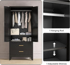 71'' Farmhouse Metal Wardrobe Cabinet with Hanging Rod, 2 Barn Door Wardrobe Closet with Adjustable Shelves,2 Drawer,for Dining Room,Bedroom,Living Room, Cloak Room,Office (Black)