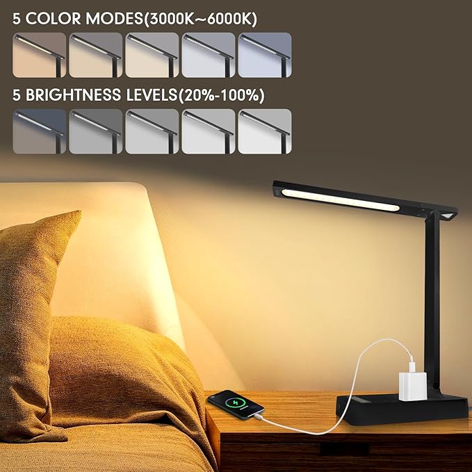Desk Lamp with 4-Port Charging Station (2 AC Outlets, USB-C, USB-A), 5 Color Modes & Adjustable Brightness, Flexible Gooseneck Arm, Eye-Protecting LED Light Source, Ideal for Home Offices & Bedrooms
