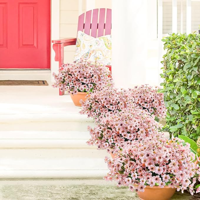 Uieke 72 Bundles Artificial Flowers for Outdoors UV Resistant Fake Silk Flowers No Fade Greenery Shrubs Plants for Outside Planter Home Garden Porch Window Box Spring Summer Décor (Pink)