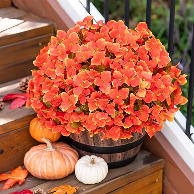 Ivydale Artificial Fall Flowers for Outdoors, 4 Bundles Faux Silk Bougainvillea Flower Plants Fake Outdoor Flowers for Planter Patio Porch Window Garden Home Decoration, Fall Orange