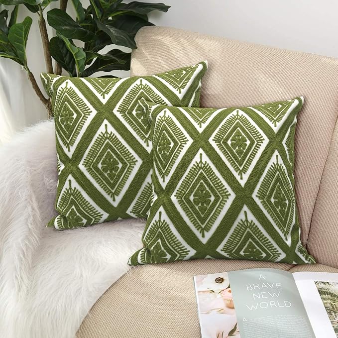 Alysheer Embroidered Decorative Throw Pillow Covers 18x18 inches Set of 2 Pieces, Boho Geometric Modern Chic Classic Pattern Cotton Cushion Cases for Sofa Couch Bed Living Room(Olive Green)
